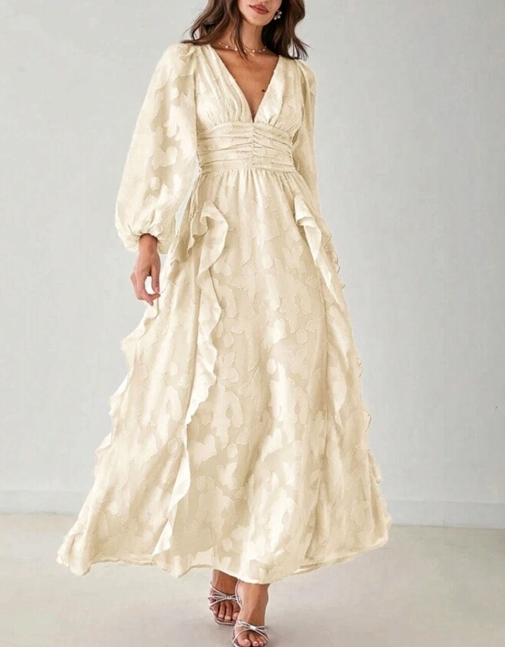 New Flowy Jacquard Ruffle Lantern Sleeve Ruched Waist Maxi Dress Ivory Cream - Picture 3 of 11